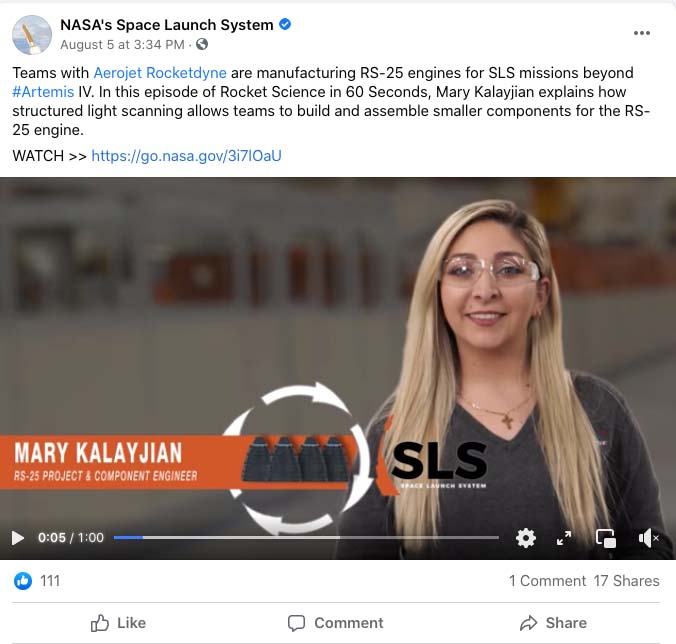 A post from the NASA's Space Launch System Facebook page featuring an episode of the Rocket Science in 60 seconds video series